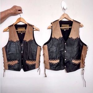 🌞 Vintage Hudson Genuine Leather Riding Vest lace sides Brown & Beige 38 or 46